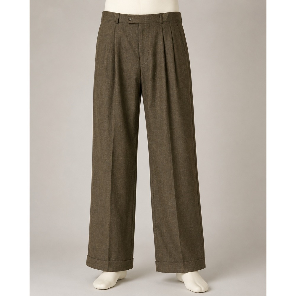 Unbranded Pleated Wool Trousers Mens 36 Brown Wide Leg Cuffed High Rise Tailored